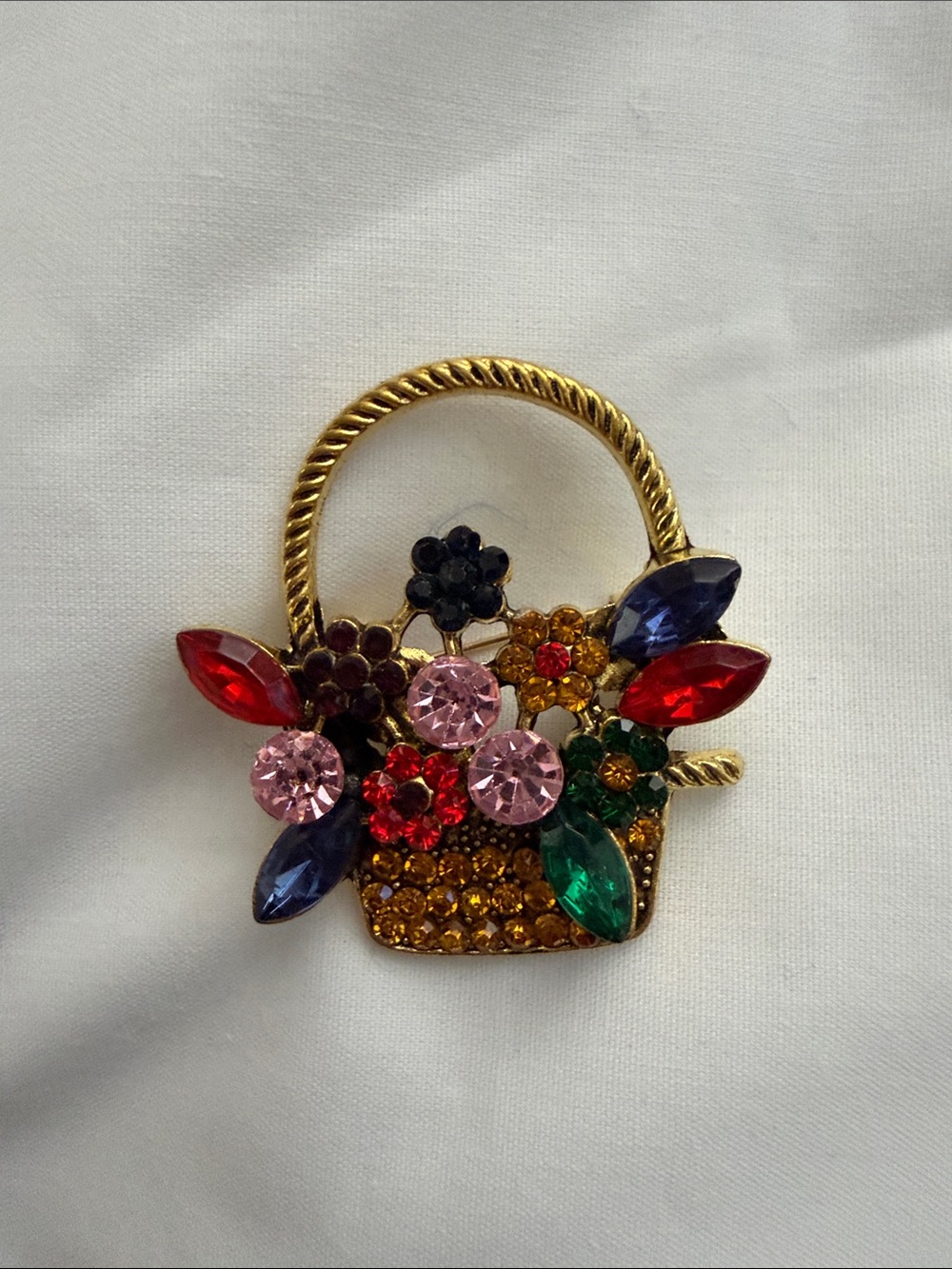 Gold-Tone Multi-Color Crystal Flower Basket Brooch